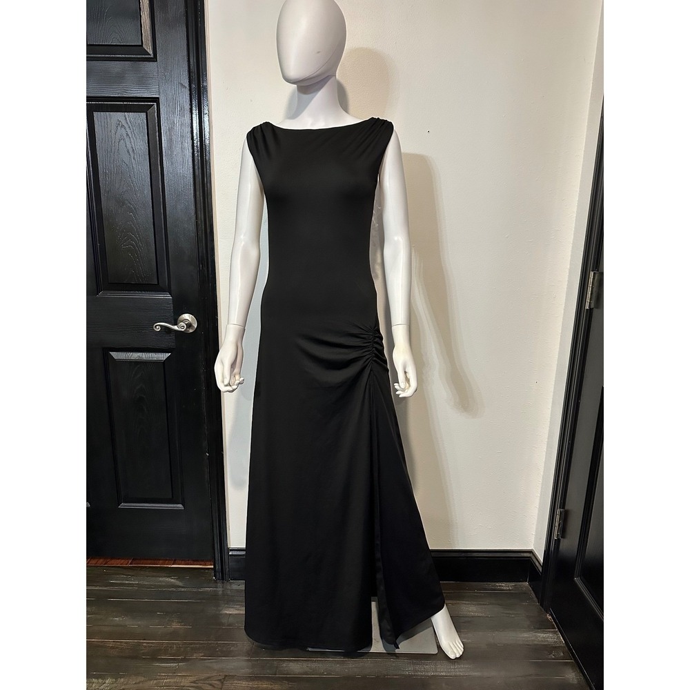 Pepper Mayo Black Sleeveless Open Back Maxi Dress Side Slit Formal Gown NWT